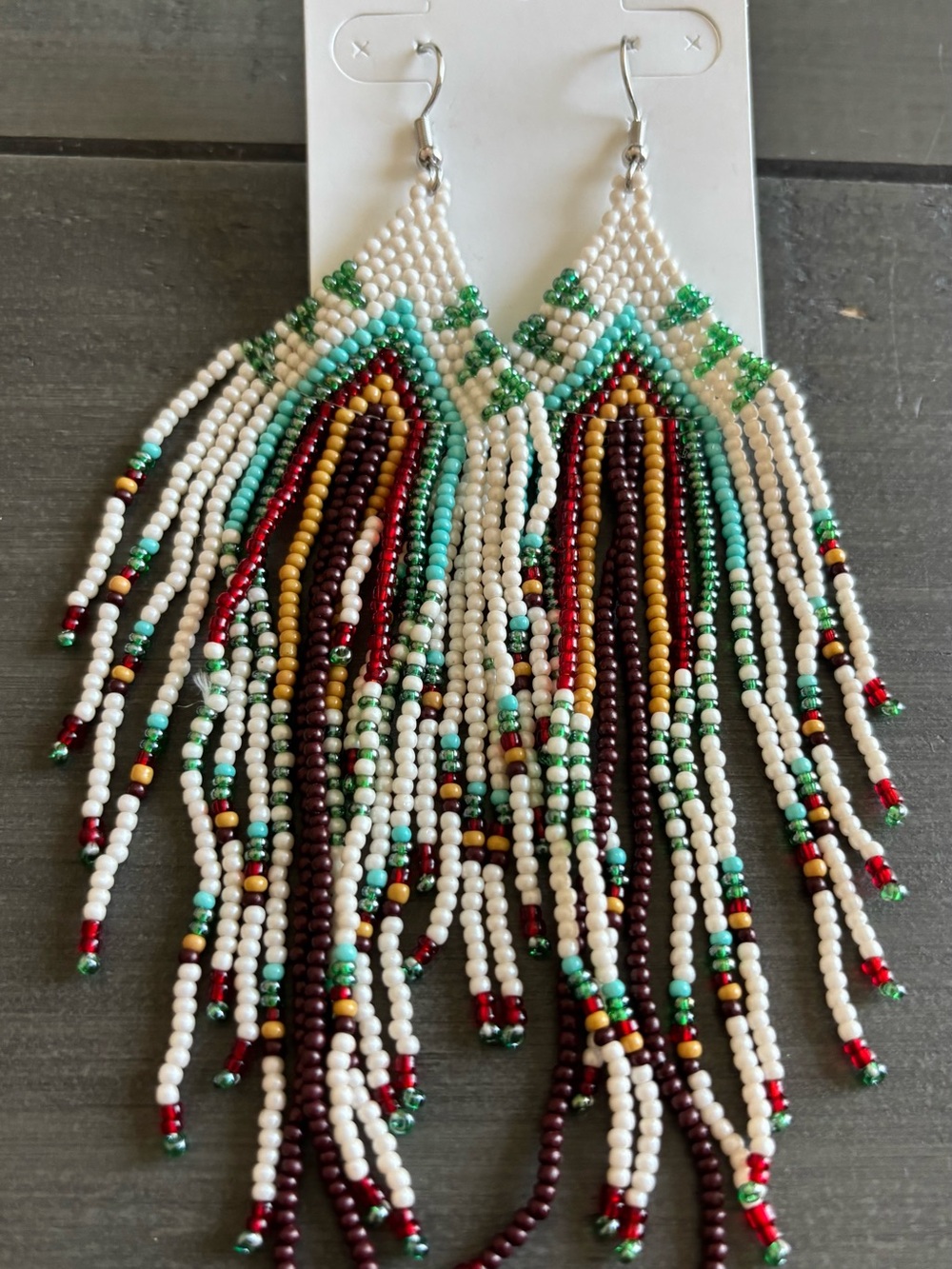 White, Turquoise & Multicolor Beaded Fringe Earrings